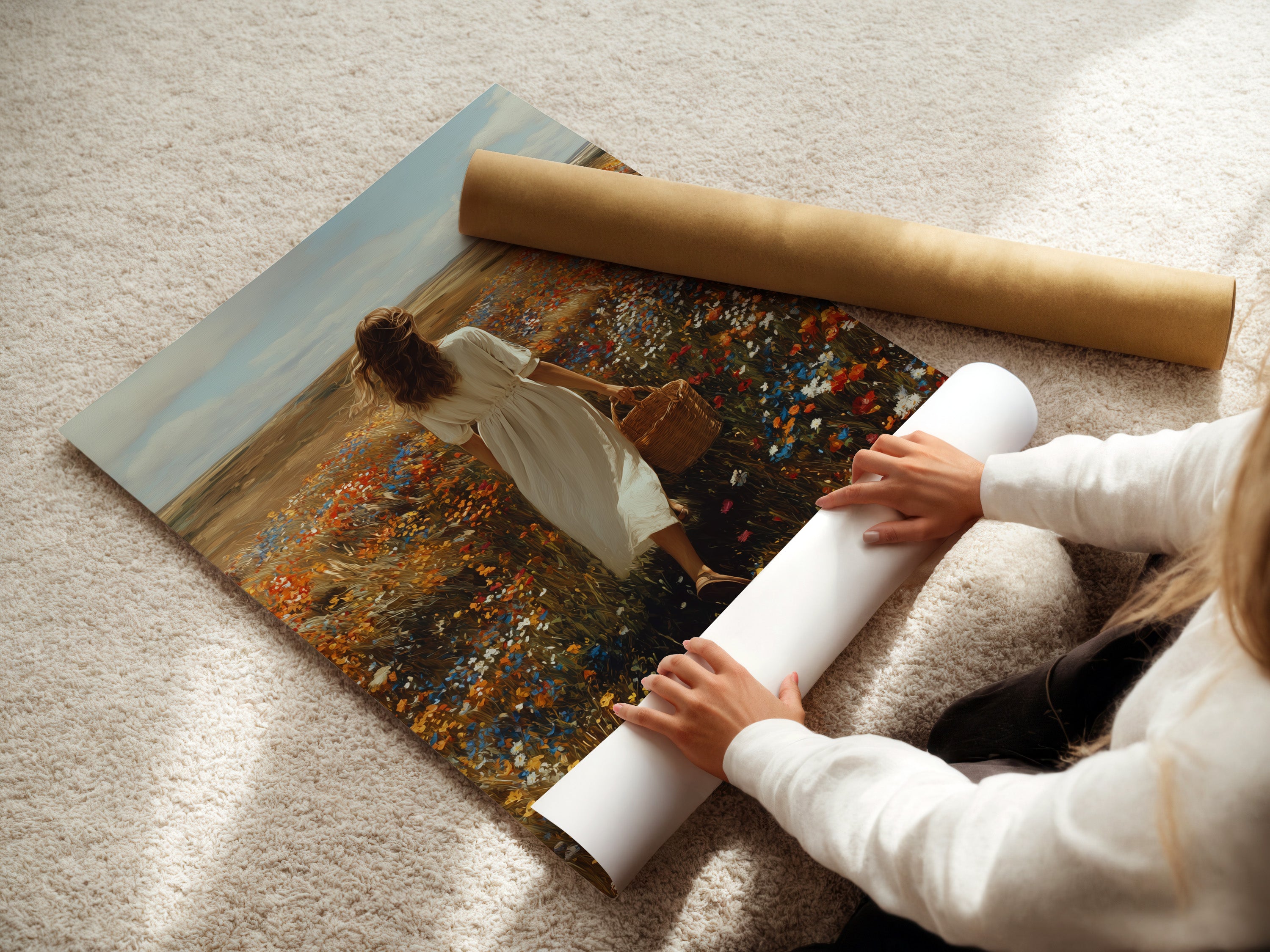 A woman is carefully rolling a fine art poster paper. The poster features vibrant colors and intricate artwork. This showcases the care and precision. Each print is handled. High-quality fine art posters are rolled with care. Preserve the integrity of the artwork. Discover fine art poster options.