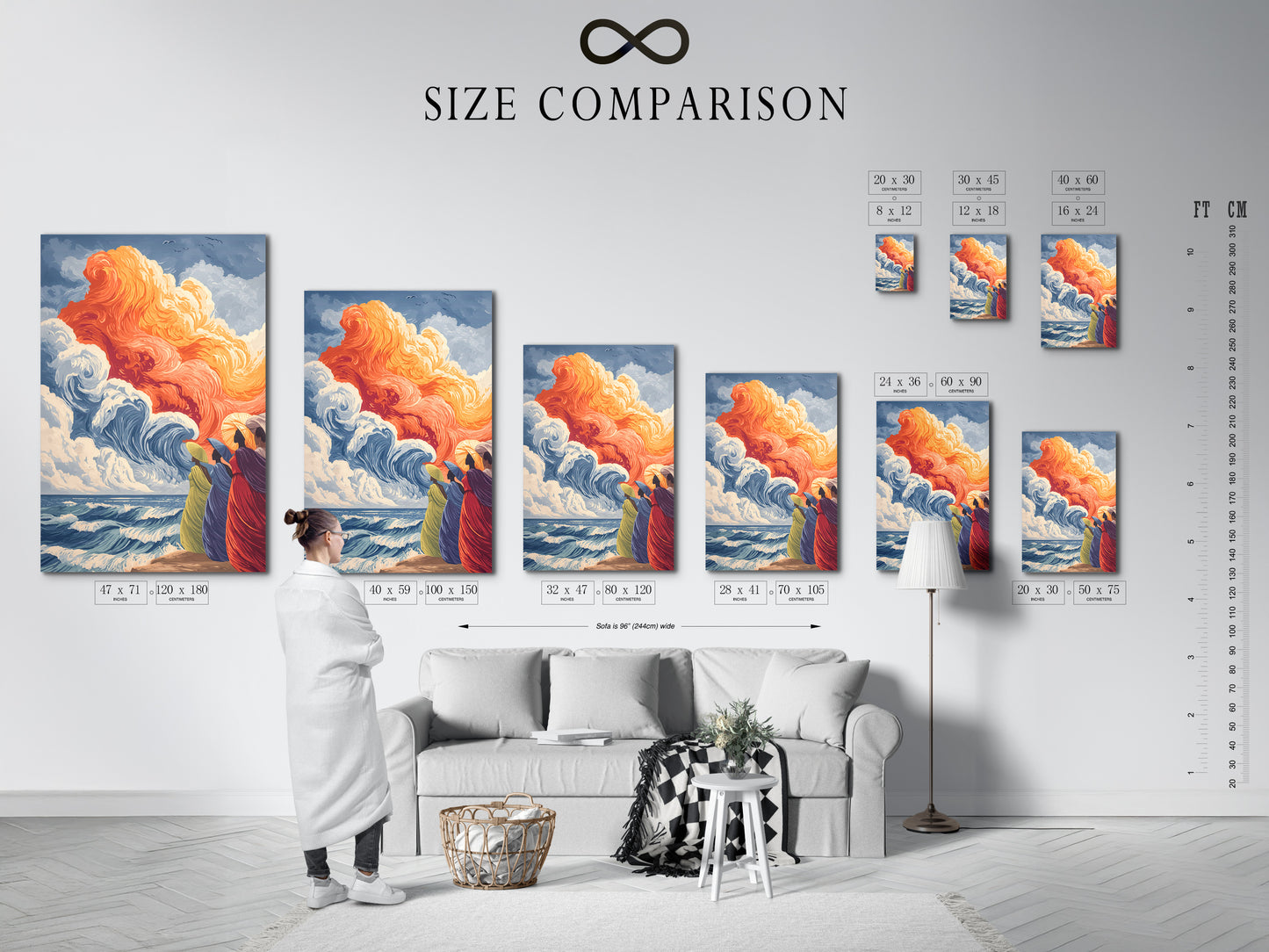 Our size comparison chart displayed in an interior setting. This chart helps you visualize the perfect size for your ocean wave artwork. Whether you need a small print for a cozy space or a large canvas for a statement wall we have you covered. Explore our range of sizes and find the ideal fit for your home.