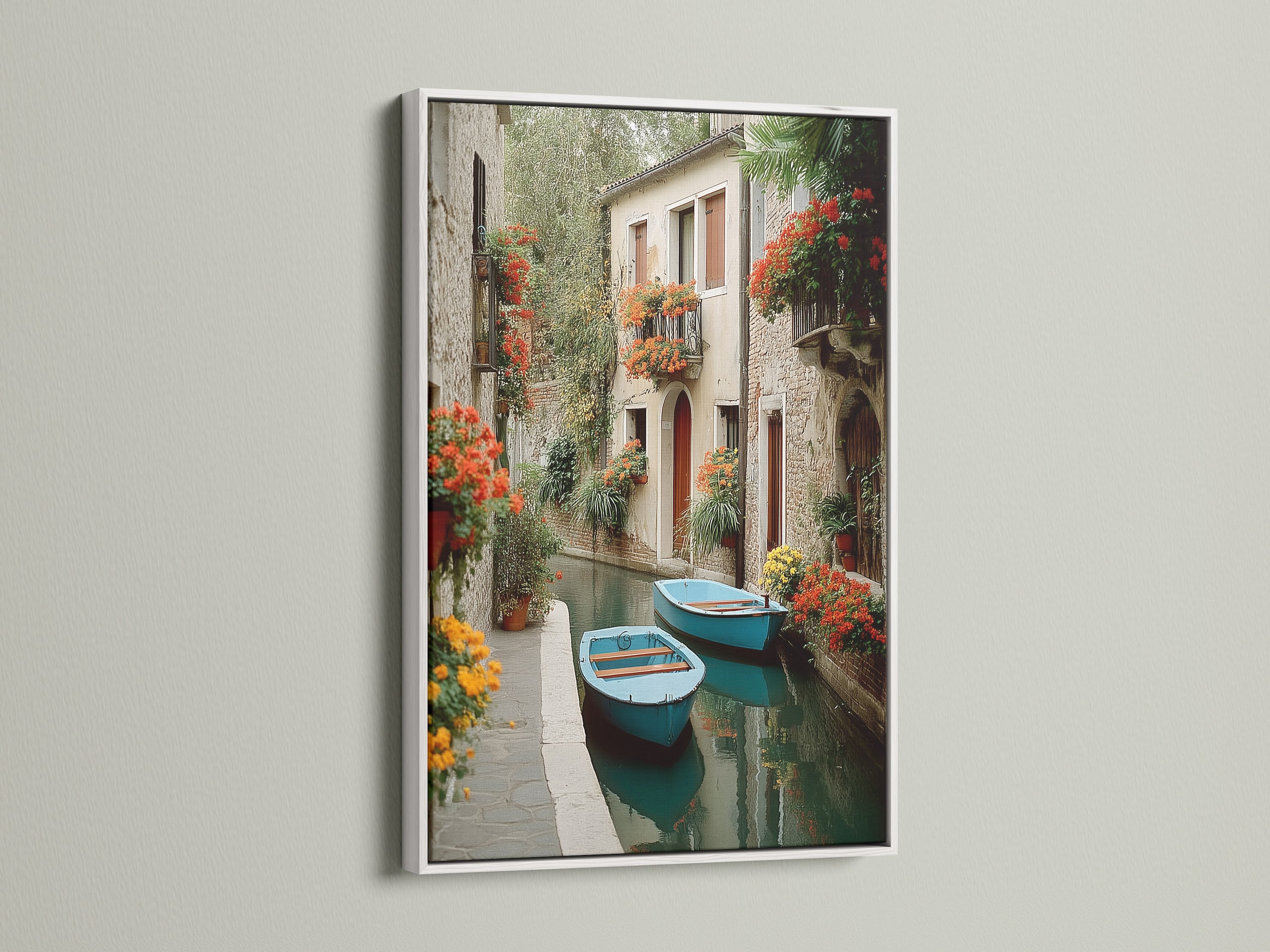 Italian canal artwork in a white frame. This Venice cityscape print adds European charm to your walls. Ideal for living rooms bedrooms and boutiques. Bring vintage scenery into your space.