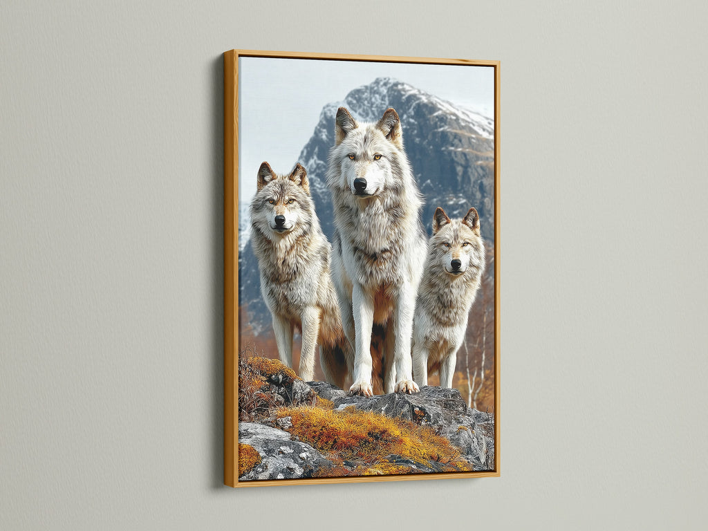Elevate your artwork with a gold frame. This wolf art canvas print adds a touch of luxury to any room. The gold frame complements the wildlife animal artwork beautifully. Perfect for adding a statement piece to your home or office. The mountain landscape artwork brings the serenity of nature indoors. This animal canvas is a must-have.
