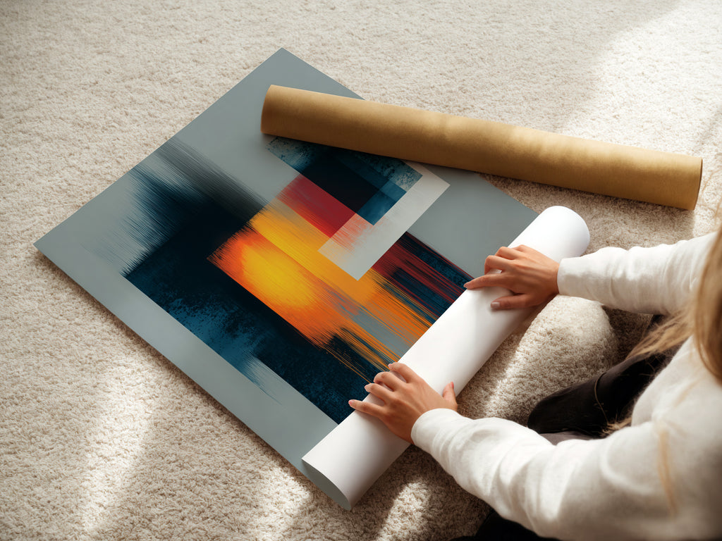 A woman carefully rolls a fine art poster paper. This showcases the delicate handling required. The high-quality paper ensures a premium finish. Our fine art posters are perfect for any space. Explore our collection of art prints.
