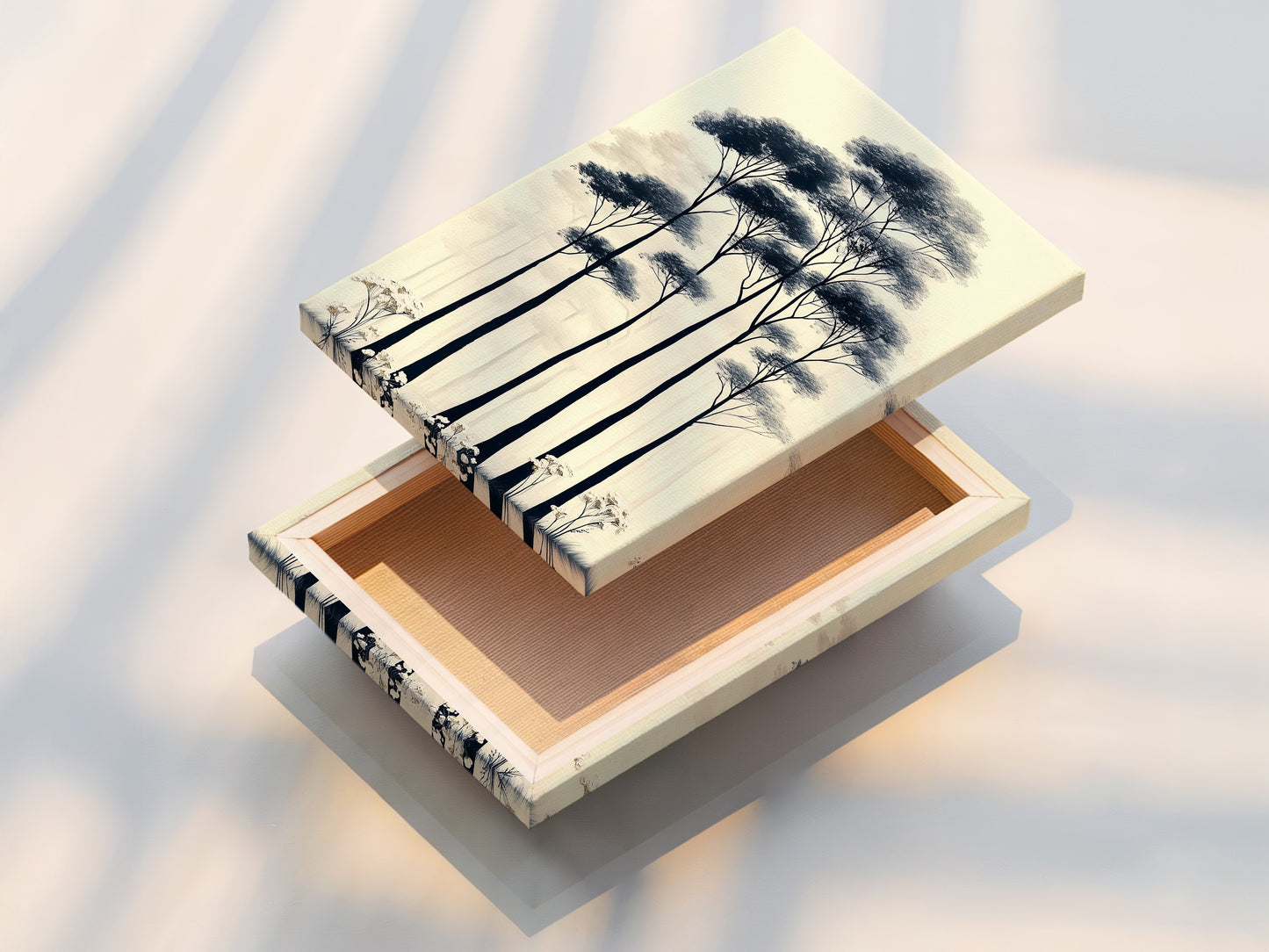 Discover the beauty of a stretched canvas print. This forest trees artwork is ready to hang. Showcasing minimalist nature art. The stretched canvas provides a clean and modern look. Perfect for adding a touch of tranquility to your home. Enjoy the quality and convenience.