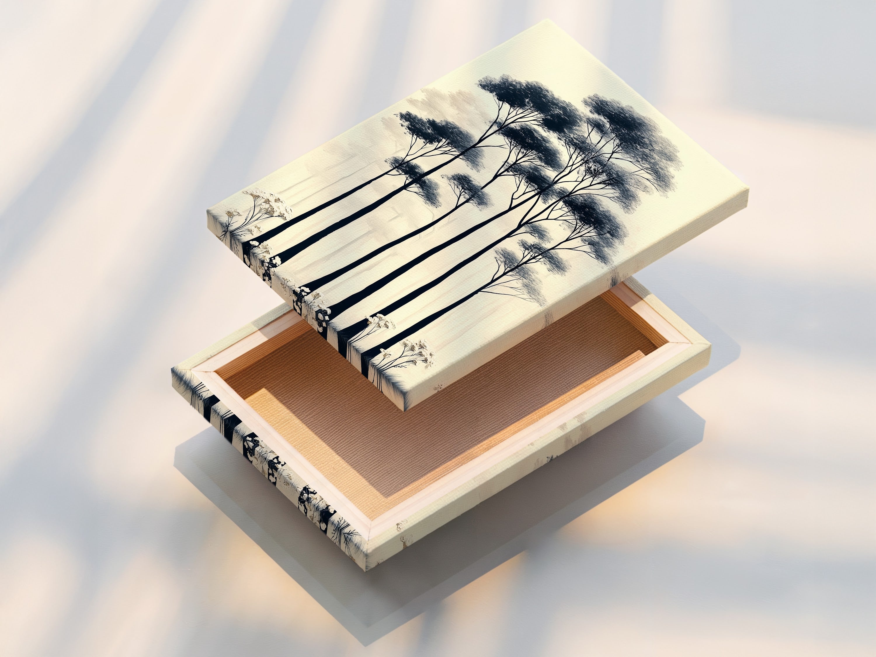 Discover the beauty of a stretched canvas print. This forest trees artwork is ready to hang. Showcasing minimalist nature art. The stretched canvas provides a clean and modern look. Perfect for adding a touch of tranquility to your home. Enjoy the quality and convenience.