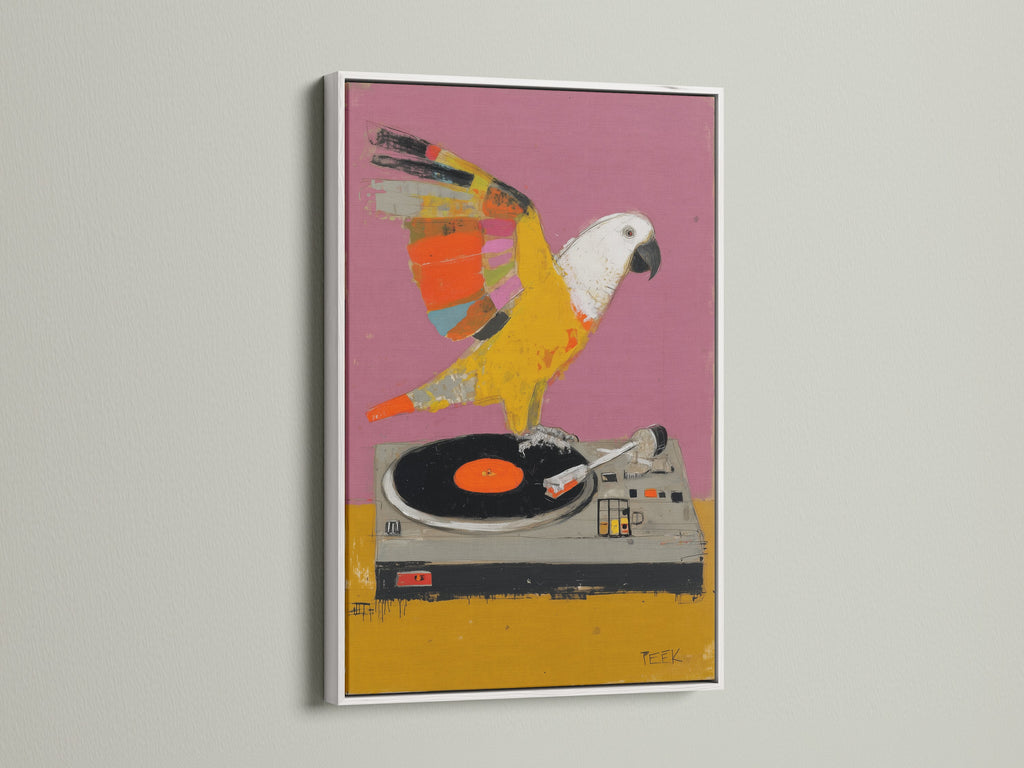 Parrot DJ artwork displayed in a white frame. This vibrant piece features a bird on a turntable. The artwork is perfect for adding a pop of color. Great for music rooms or living spaces.