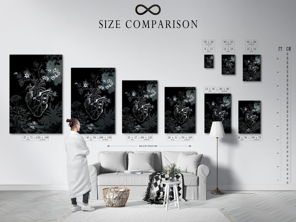A size comparison chart is displayed in an interior setting. This chart helps visualize the different art print sizes. It allows you to choose the ideal size for your space. It ensures a perfect fit for your decor.