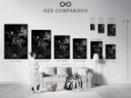 A size comparison chart is displayed in an interior setting. This chart helps visualize the different art print sizes. It allows you to choose the ideal size for your space. It ensures a perfect fit for your decor.