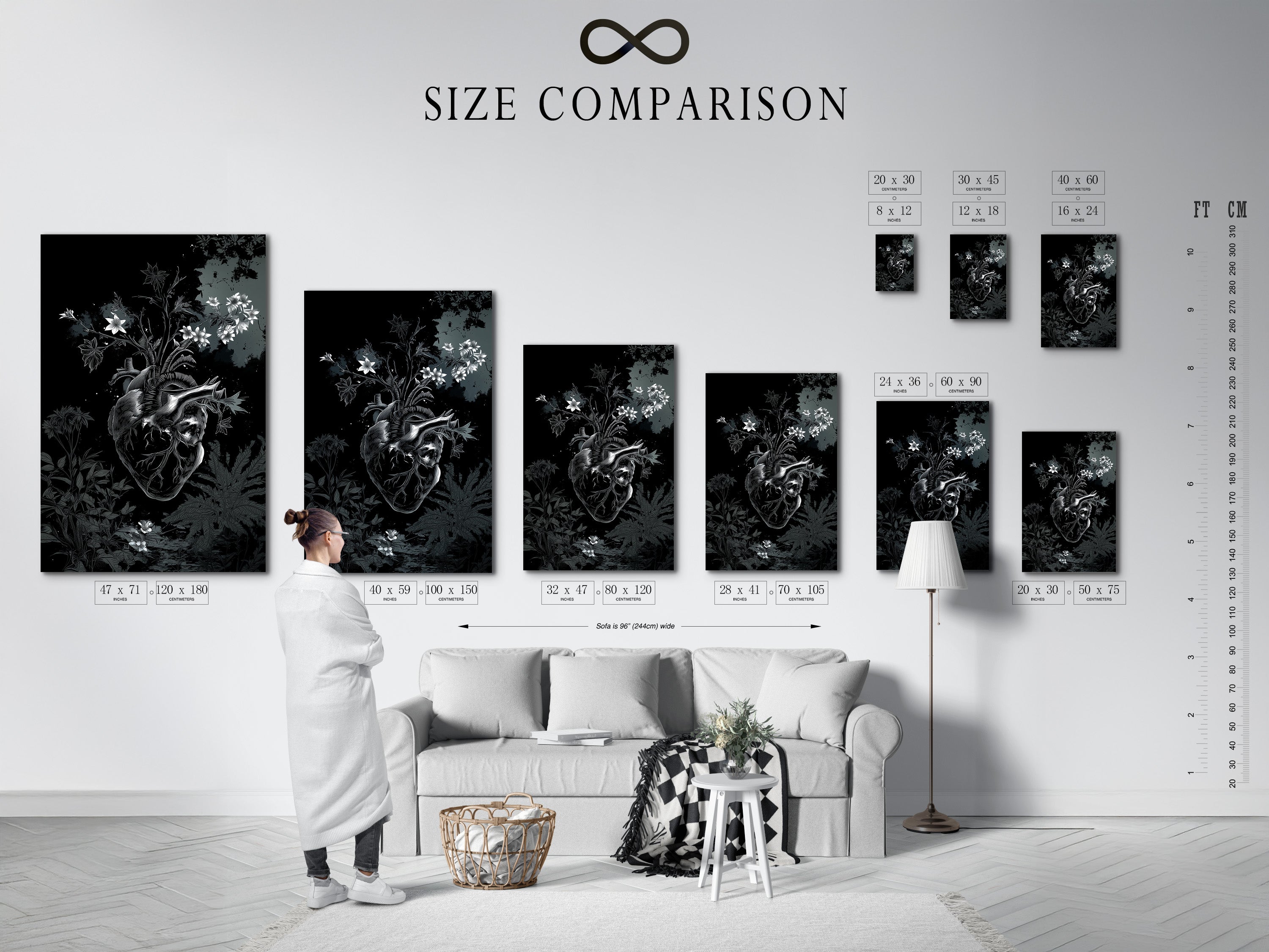 A size comparison chart is displayed in an interior setting. This chart helps visualize the different art print sizes. It allows you to choose the ideal size for your space. It ensures a perfect fit for your decor.