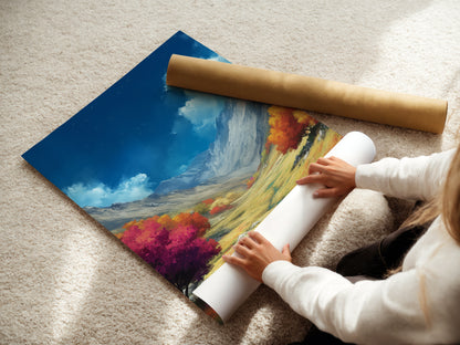 A woman is carefully rolling a fine art poster paper. The art paper is for a Mountain Valley landscape. This ensures the artwork remains pristine. This is prior to framing or display. The fine art poster paper showcases vibrant colors. It's ideal for creating stunning wall art.