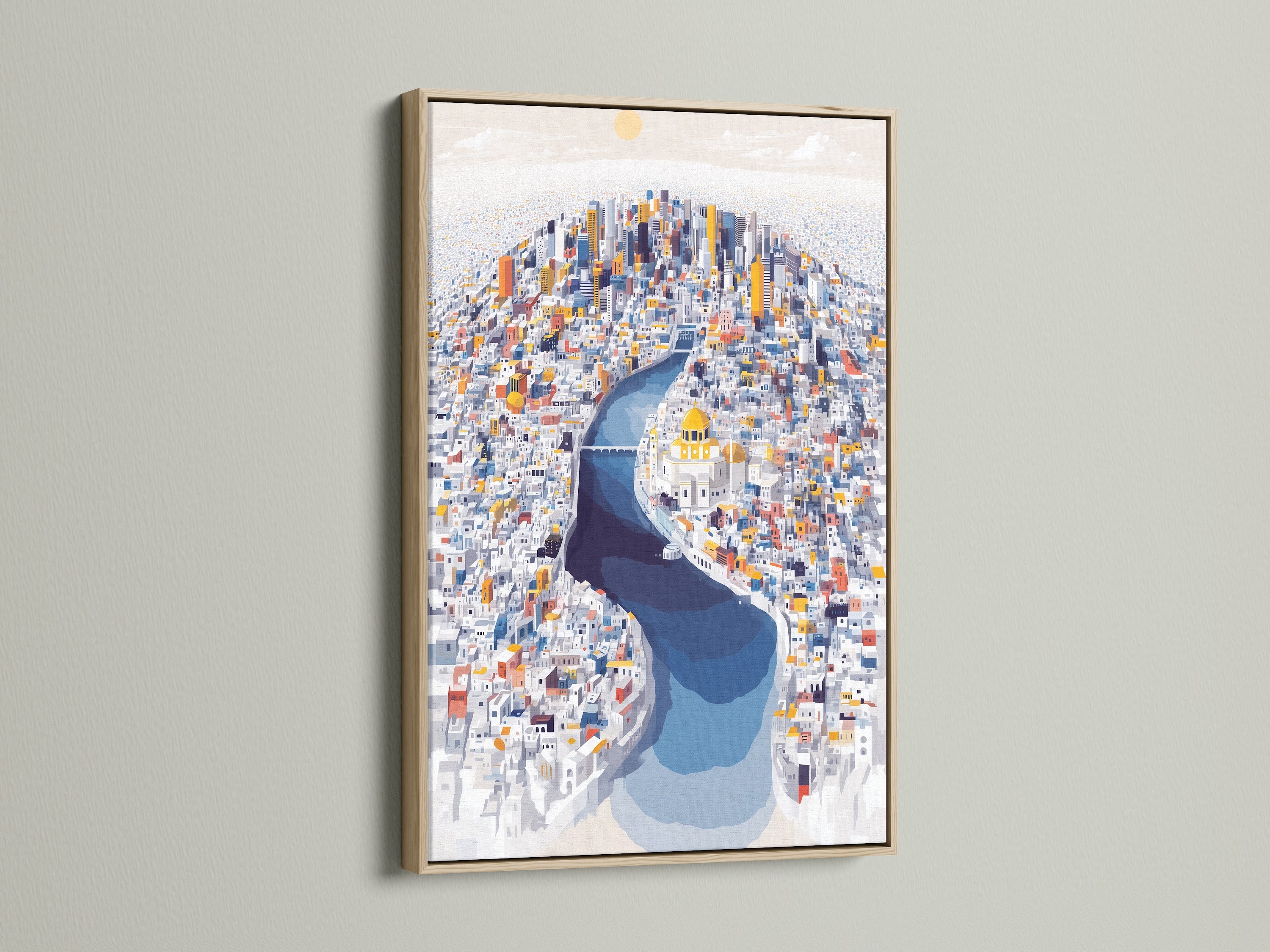 This is a vibrant cityscape artwork displayed in an oak frame. The urban canvas showcases colorful architectural details. It is perfect for modern wall art enthusiasts. The oak frame enhances the artwork's contemporary style. Add a touch of sophistication with this architectural print.