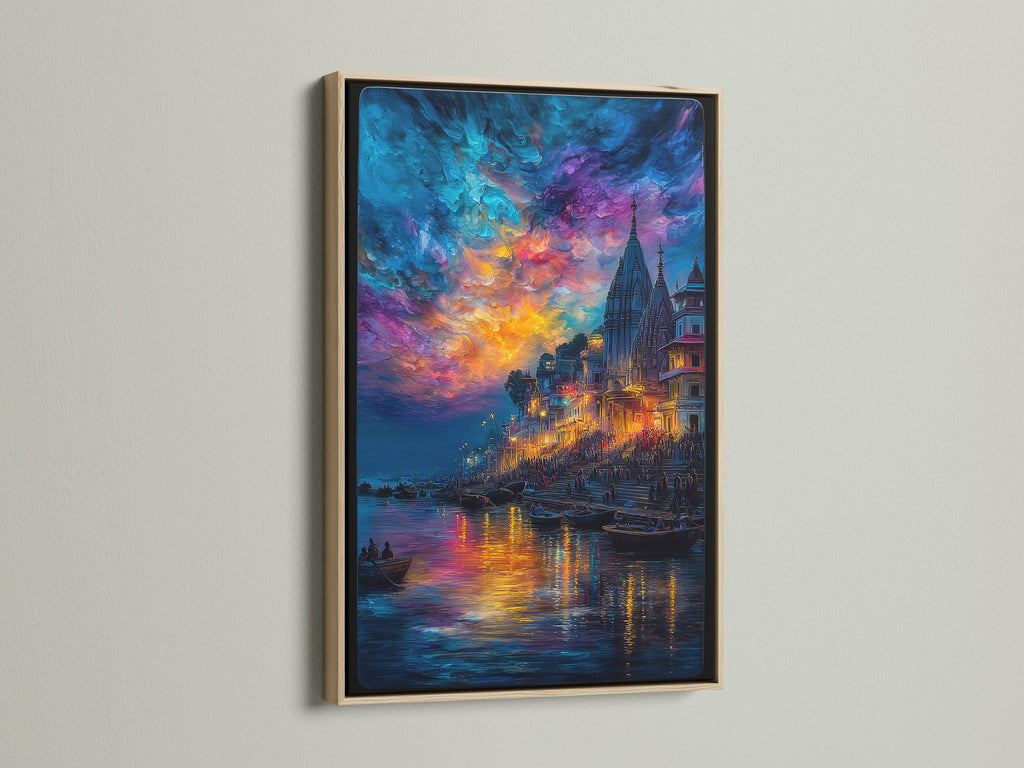 Varanasi River Ghats canvas print in an oak frame. This Indian wall art showcases a Ganges River sunset. Ideal spiritual art for a yoga room. The vibrant colors and sacred art print create a serene atmosphere in any space.