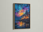 Varanasi River Ghats canvas print in an oak frame. This Indian wall art showcases a Ganges River sunset. Ideal spiritual art for a yoga room. The vibrant colors and sacred art print create a serene atmosphere in any space.