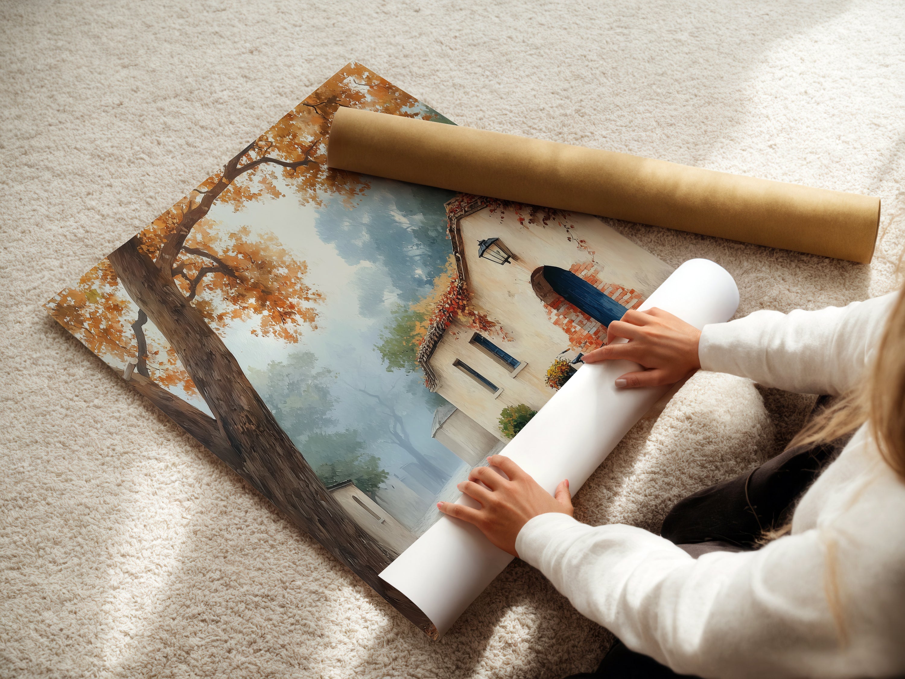 A woman is carefully rolling a fine art poster paper. The paper showcases the Italian Village Canvas Print. This Tuscan Wall Art features an autumn landscape painting. This is a perfect home decor gift.