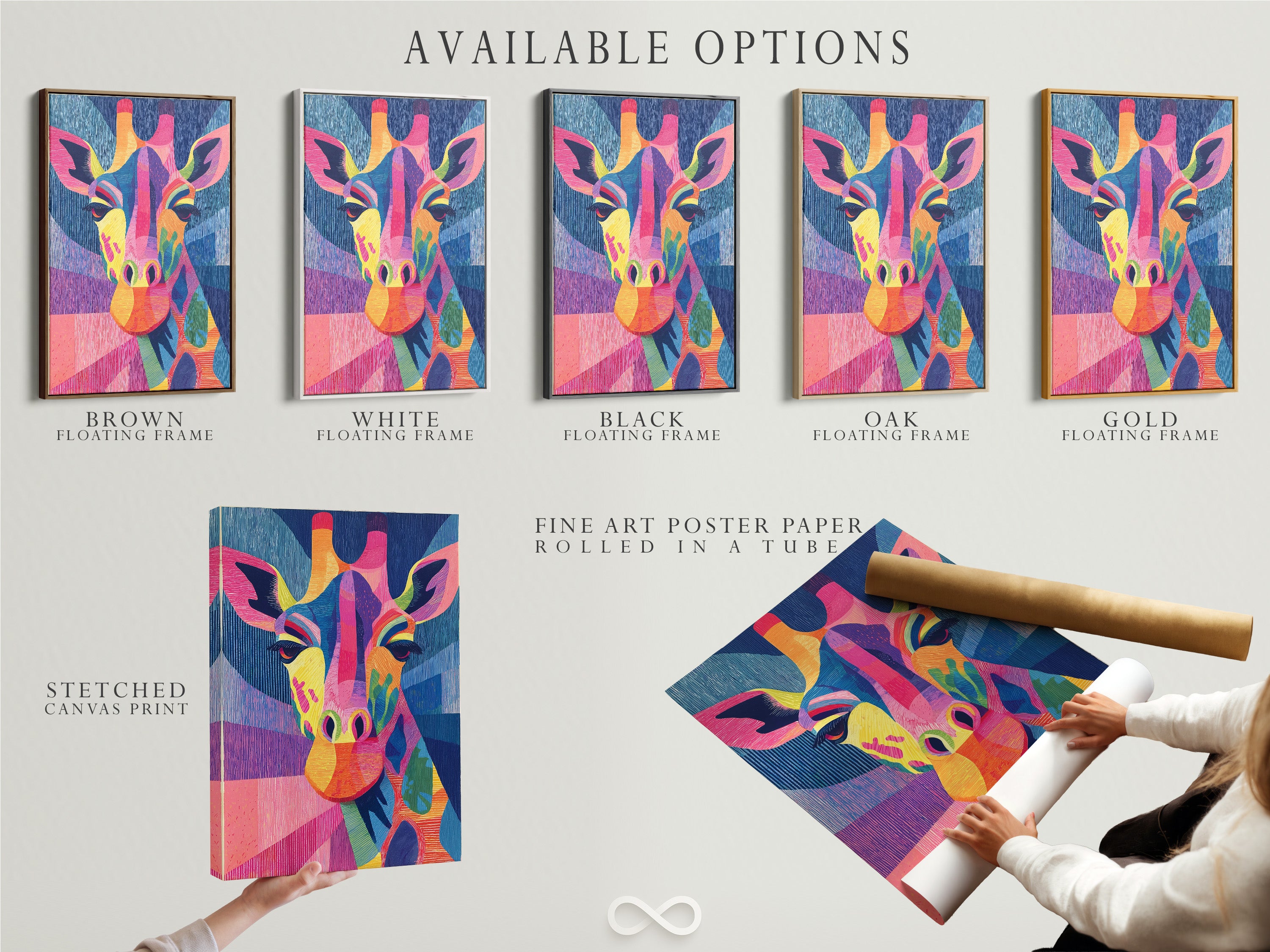 Available options are displayed including a stretched canvas print a fine art poster paper and a floating frame. All feature the colorful giraffe artwork. Choose the perfect option for your kids room decor or nursery wall art. This rainbow animal print is versatile and fun.