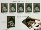 Available options are showcased including a stretched canvas print fine art poster paper and a floating frame. The Islamic Architecture Artwork features emerald green and gold details. Select the perfect format to enhance your home with this exquisite piece of middle eastern art.