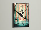 Ballerina art in a black frame. This modern artwork features teal and coral tones. It is great as dance studio art for ballet students. It can be used to inspire theater wall art.