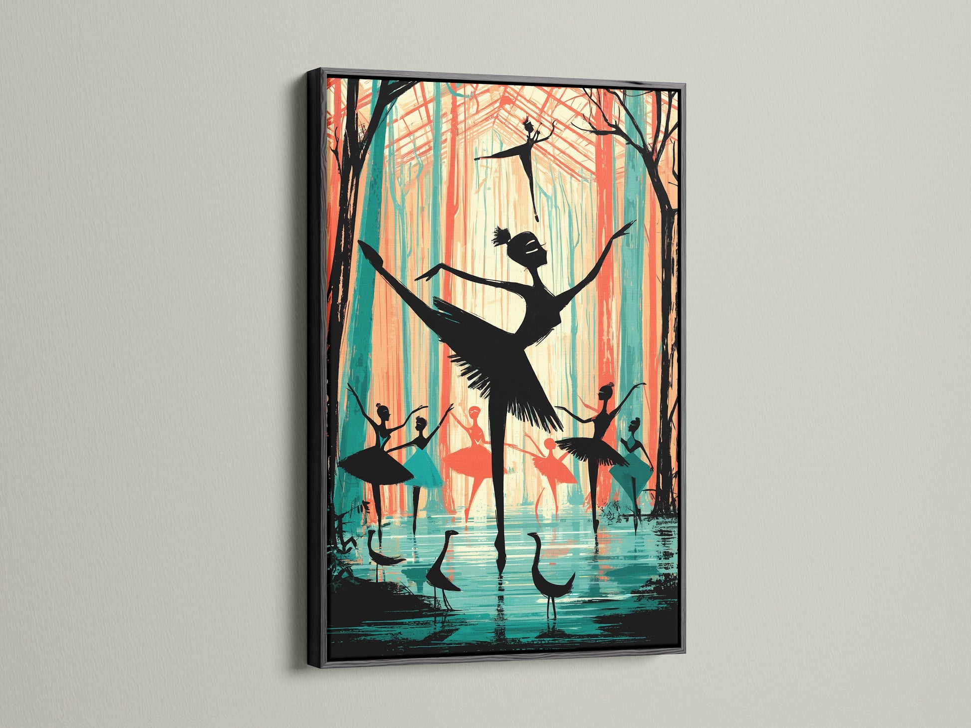 Ballerina art in a black frame. This modern artwork features teal and coral tones. It is great as dance studio art for ballet students. It can be used to inspire theater wall art.