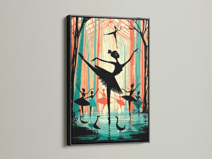 Ballerina art in a black frame. This modern artwork features teal and coral tones. It is great as dance studio art for ballet students. It can be used to inspire theater wall art.