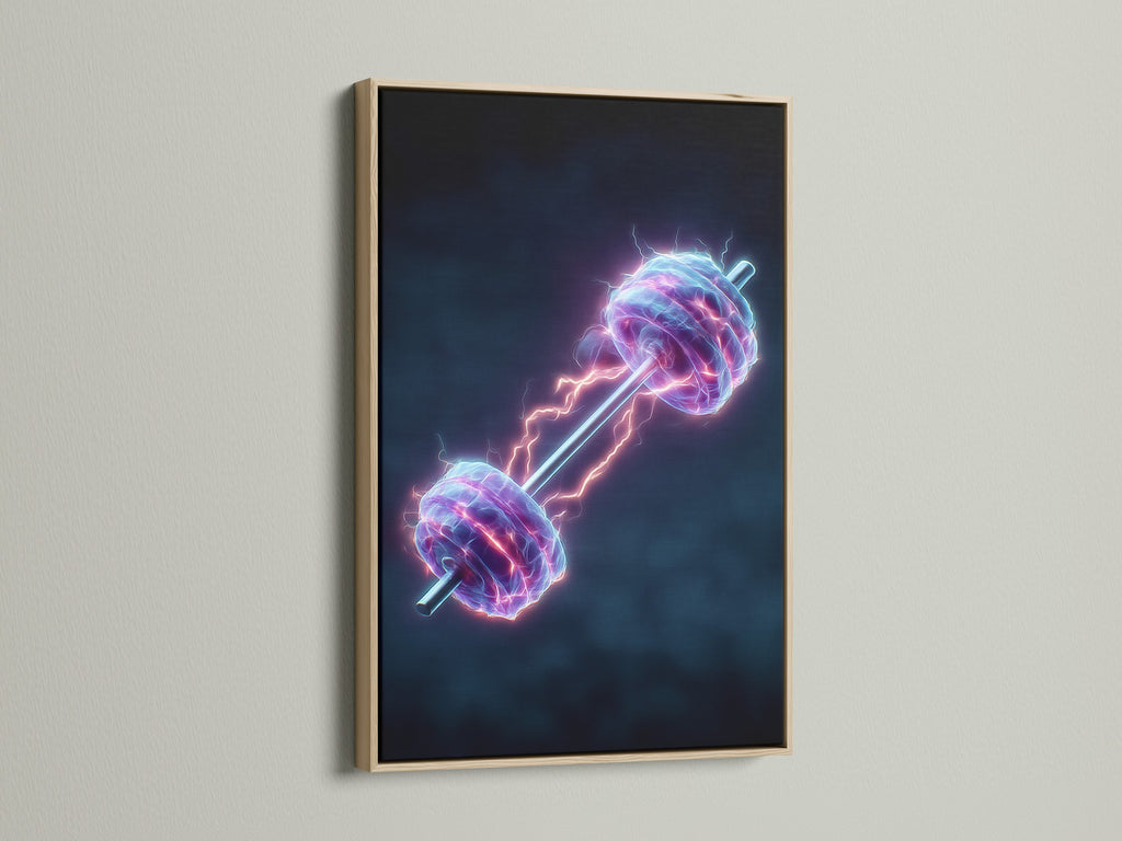 Neon Dumbbell fitness wall artwork in an oak frame. The electric art enhances any home gym decor. Get workout motivation with this unique dumbbell print. The oak frame adds a natural touch to the contemporary artwork. It is ideal for fitness enthusiasts.