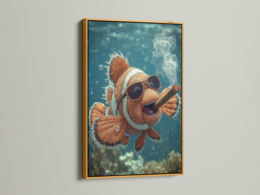 Clownfish artwork in a gold frame. The gold frame adds a touch of luxury to this piece. The framed artwork is eye-catching and elegant. It will enhance your home or office decor. Browse our selection of framed art prints.
