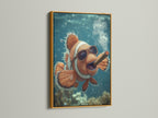 Clownfish artwork in a gold frame. The gold frame adds a touch of luxury to this piece. The framed artwork is eye-catching and elegant. It will enhance your home or office decor. Browse our selection of framed art prints.