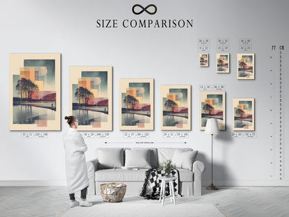 Size comparison chart in interior. This chart shows the different sizes of artwork available. You can choose the perfect size for your space. This chart helps you visualize how the artwork will look in your home.