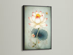 Lotus Flower artwork with a black frame. This teal wall decor is perfect for clinics spas and offices. The nature inspired art adds a touch of elegance. It is ideal for homeowners renters and interior designers alike.