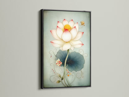 Lotus Flower artwork with a black frame. This teal wall decor is perfect for clinics spas and offices. The nature inspired art adds a touch of elegance. It is ideal for homeowners renters and interior designers alike.