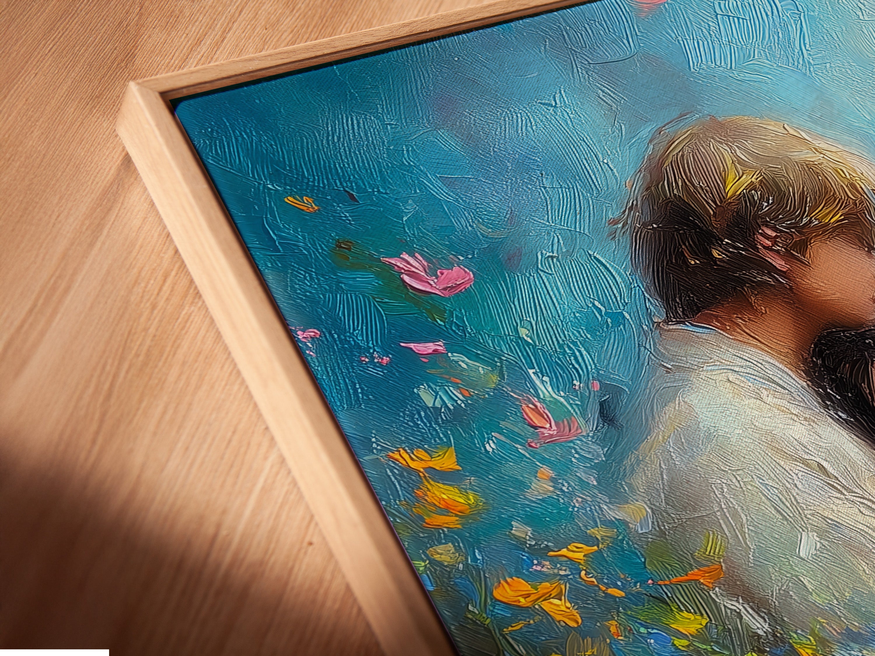 A close-up angled view of a canvas print in a floating frame. The artwork inside features a couple in a field of flowers. The floating frame gives a contemporary gallery look. It allows the art to stand out.