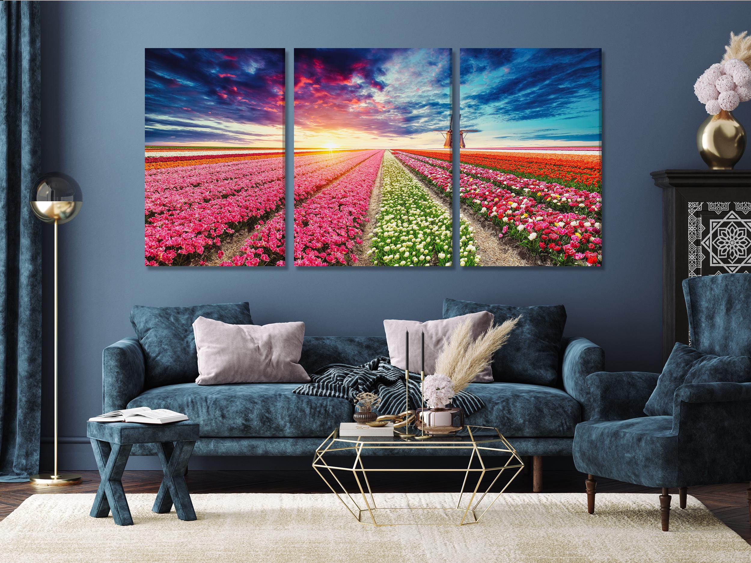 Tulip Field Sunset Canvas Print – Vibrant Flower Landscape Wall Art, Dutch Windmill Scenery, Colorful Floral Decor for Living Room