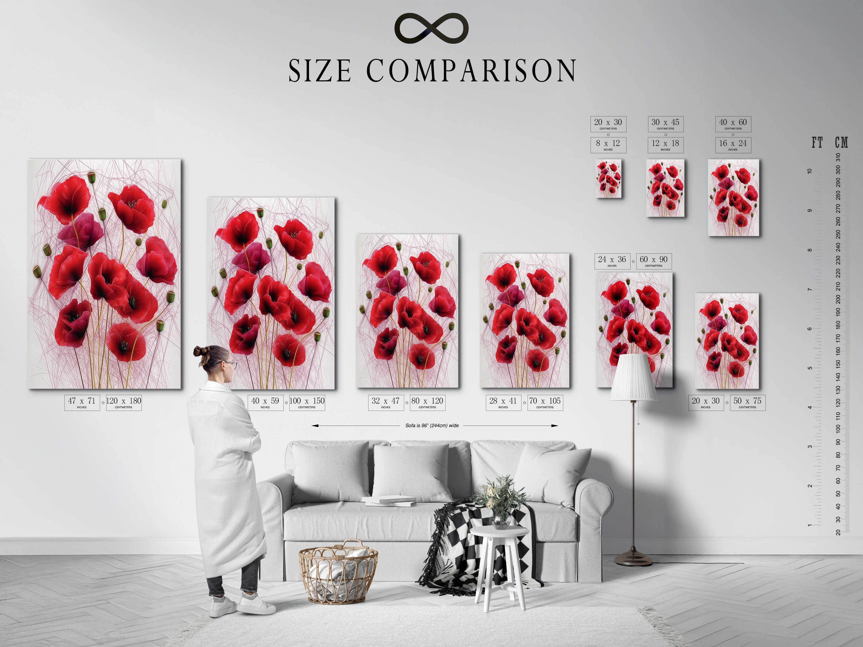 A size comparison chart is displayed in an interior setting. Visualize the perfect fit for your floral wall art. Choose the ideal size for your bedroom decor. Find the right scale for your crimson wall art.