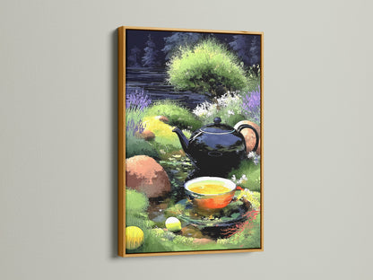 Bring a touch of luxury with the Tea Time Canvas Print framed in gold. This tea party print elevates any space with its elegant still life artwork. The botanical art complements eclectic and country styles. A perfect tea lover gift that adds a calming garden scene to living rooms and dining rooms.