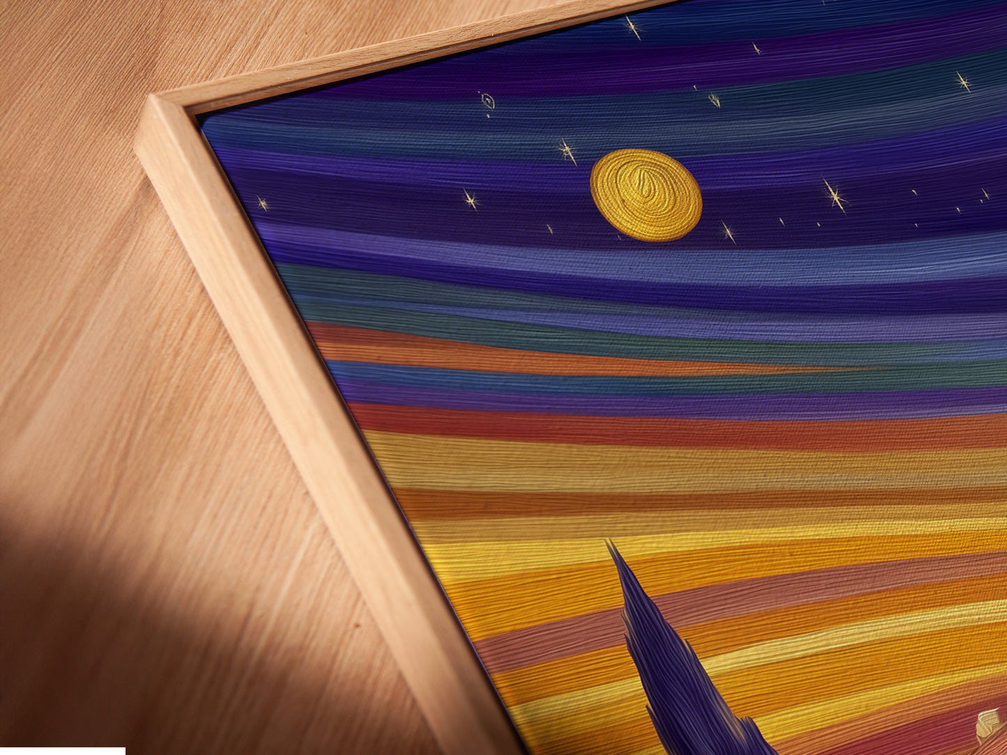 A close-up shows a canvas print of the Parthenon in a floating frame. The colorful sunset landscape and ancient Greek architecture are beautifully displayed. Elevate your living room or office with this unique wall art.