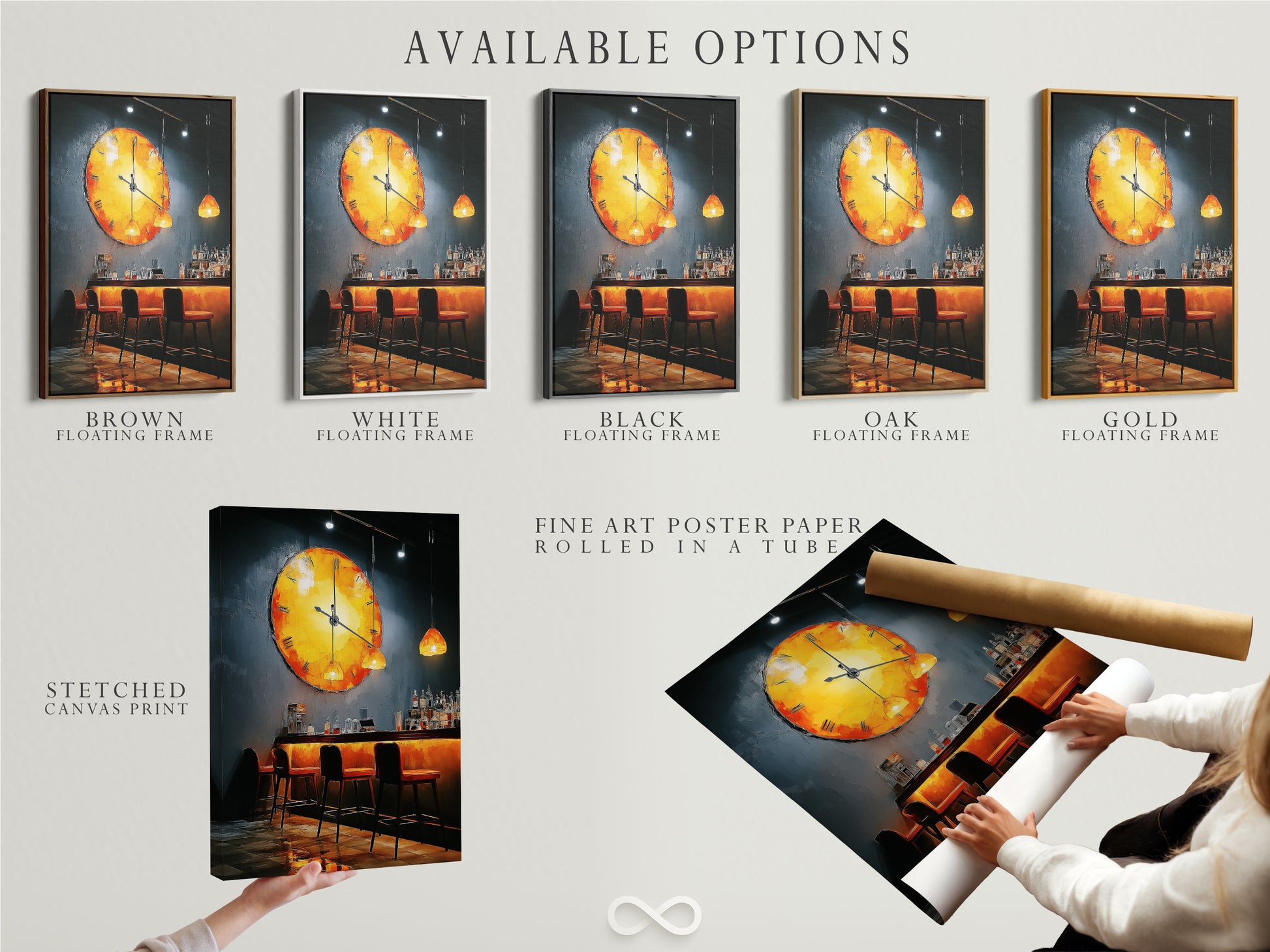 Explore available options: stretched canvas print fine art poster paper and floating frame. Customize your bar scene artwork to match your style. Get moody restaurant wall art today. Featuring abstract clock artwork.