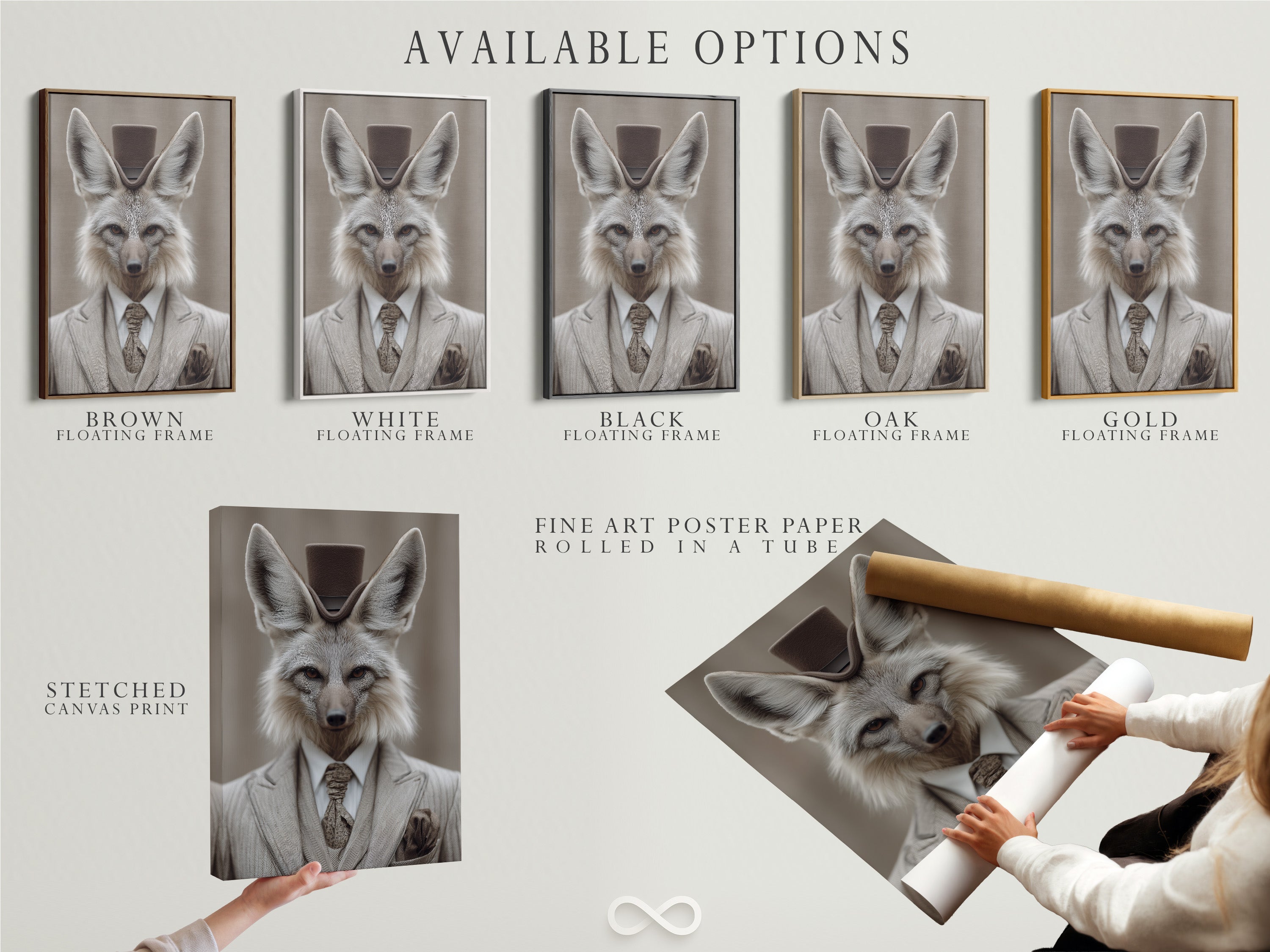 Available options for the Fox Gentleman artwork are showcased.  Options include a stretched canvas print fine art poster paper and a floating frame. This dapper animal print is perfect for adding a touch of Victorian style to any study room. It is ideal for professionals academics and those with a fondness for unique vintage-inspired decor.
