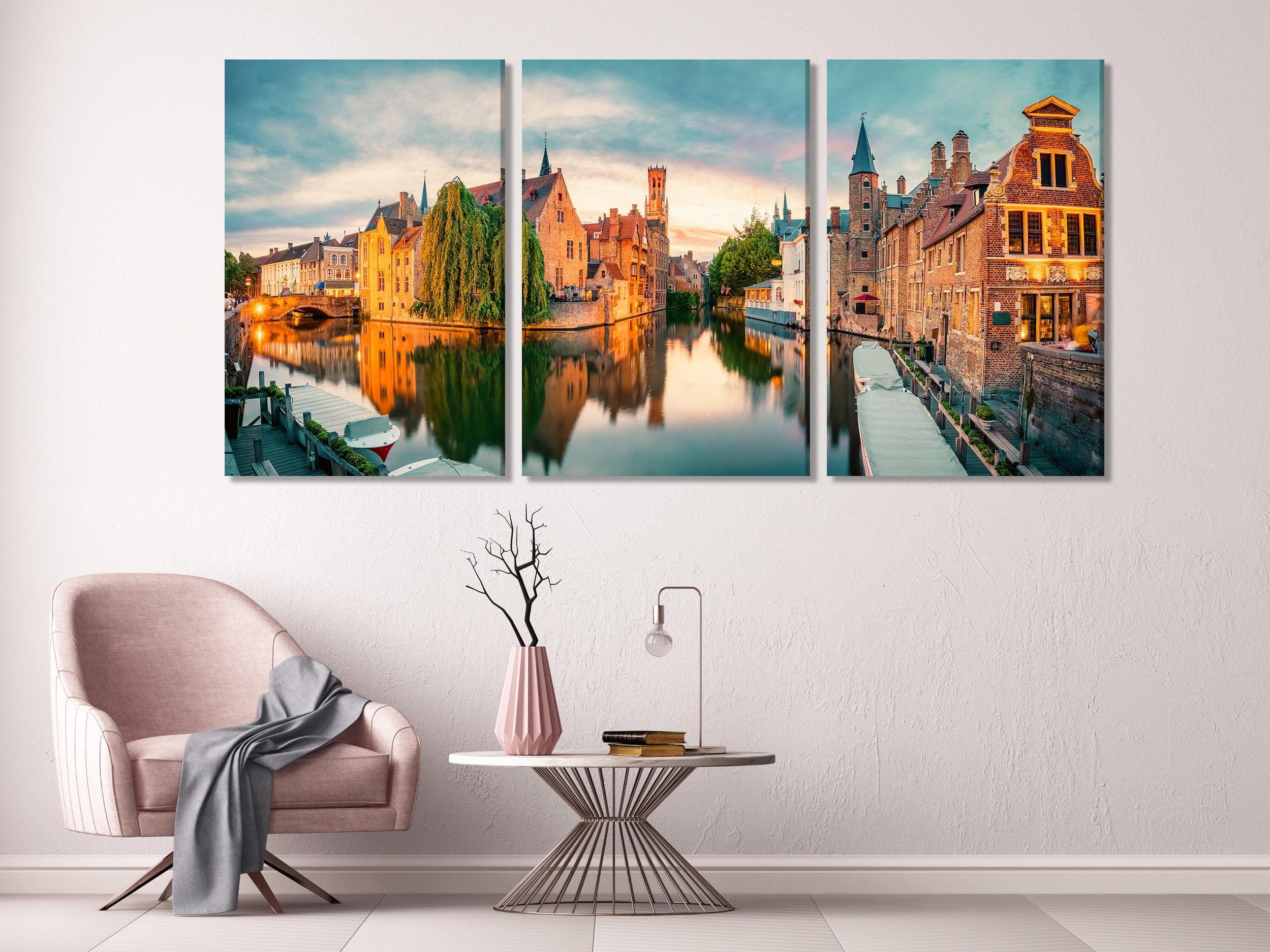Paesaggio urbano di Bruges - Stampa su tela del Belgio, grande opera d'arte di architettura europea, fotografia del tramonto di Bruges, opera d'arte extra large ispirata ai viaggi