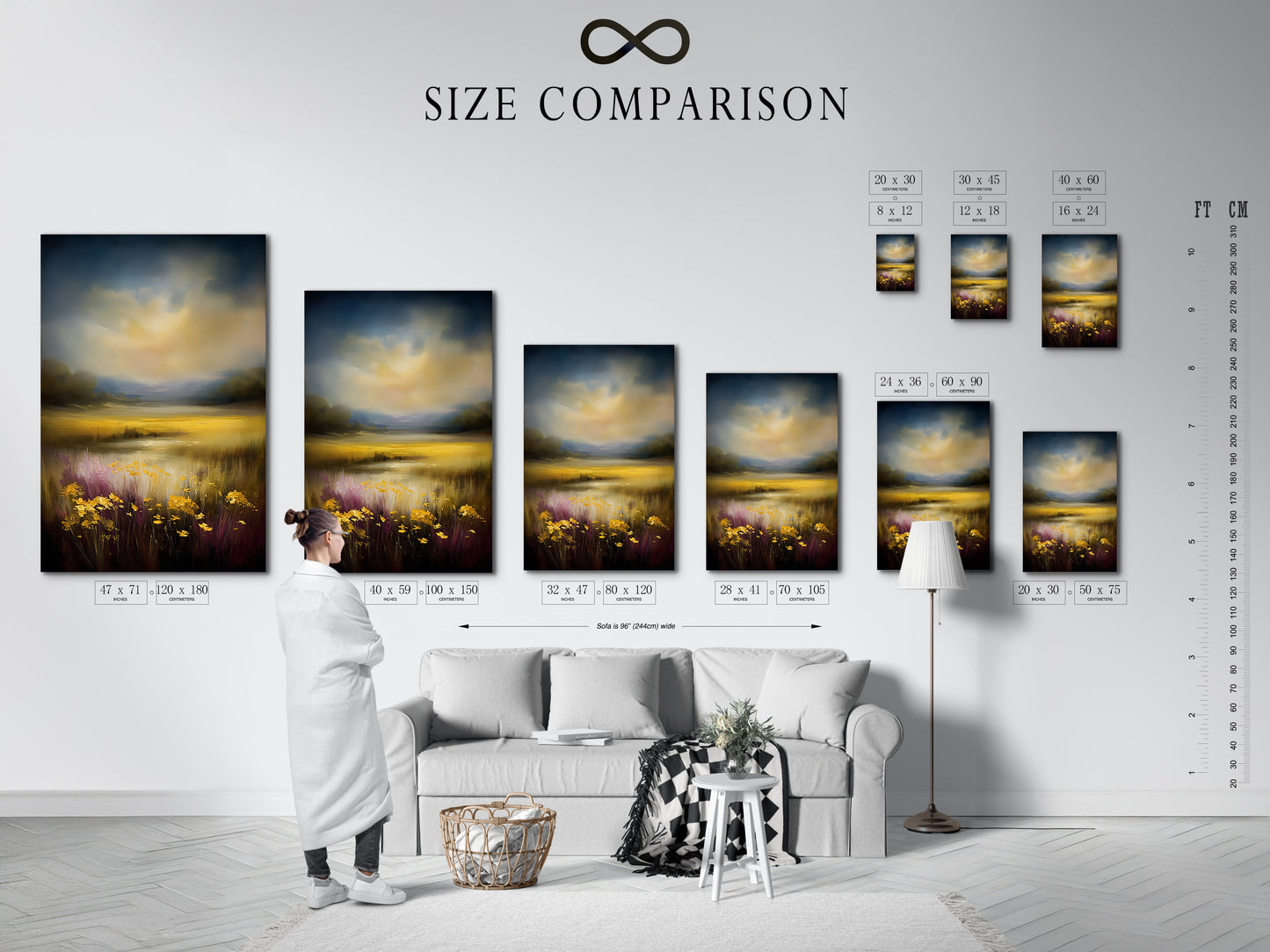 A size comparison chart is displayed in an interior setting. The chart shows various sizes of the golden meadow artwork. This helps you choose the perfect size for your wall. It ensures a perfect fit for your space.
