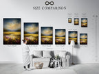 Size comparison chart of the Golden Field artwork is showcased in a stylish interior. The artwork features mustard yellow floral art for home decor. Perfect wall decor for homeowners renters interior decorators and business owners. It complements minimalist Scandinavian rustic or farmhouse styles.
