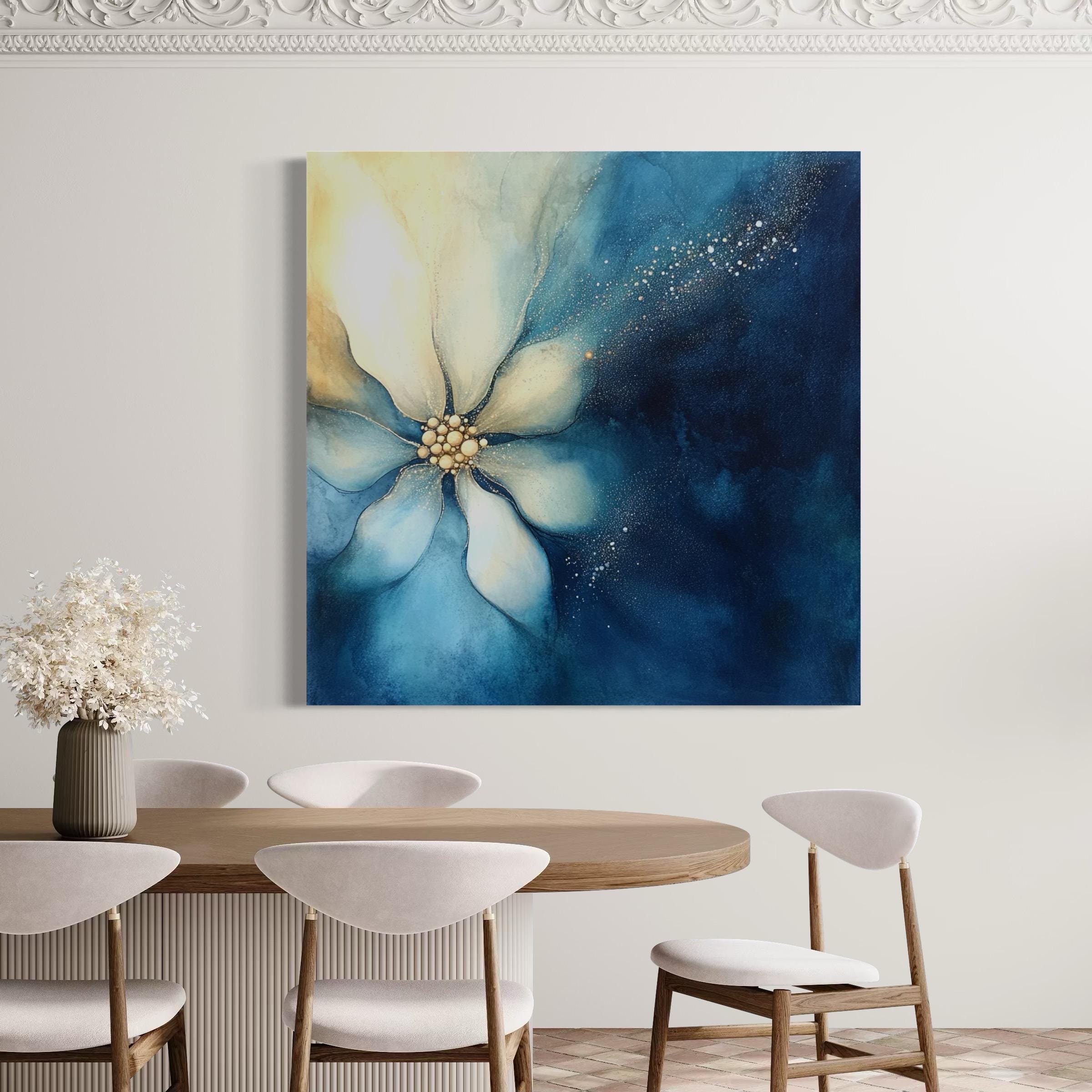 Blue Floral Wall Art - Abstract Flower Canvas, Elegant Watercolor Bloom, Navy and Gold Botanical Painting, Modern Floral Artwork for Kitchen