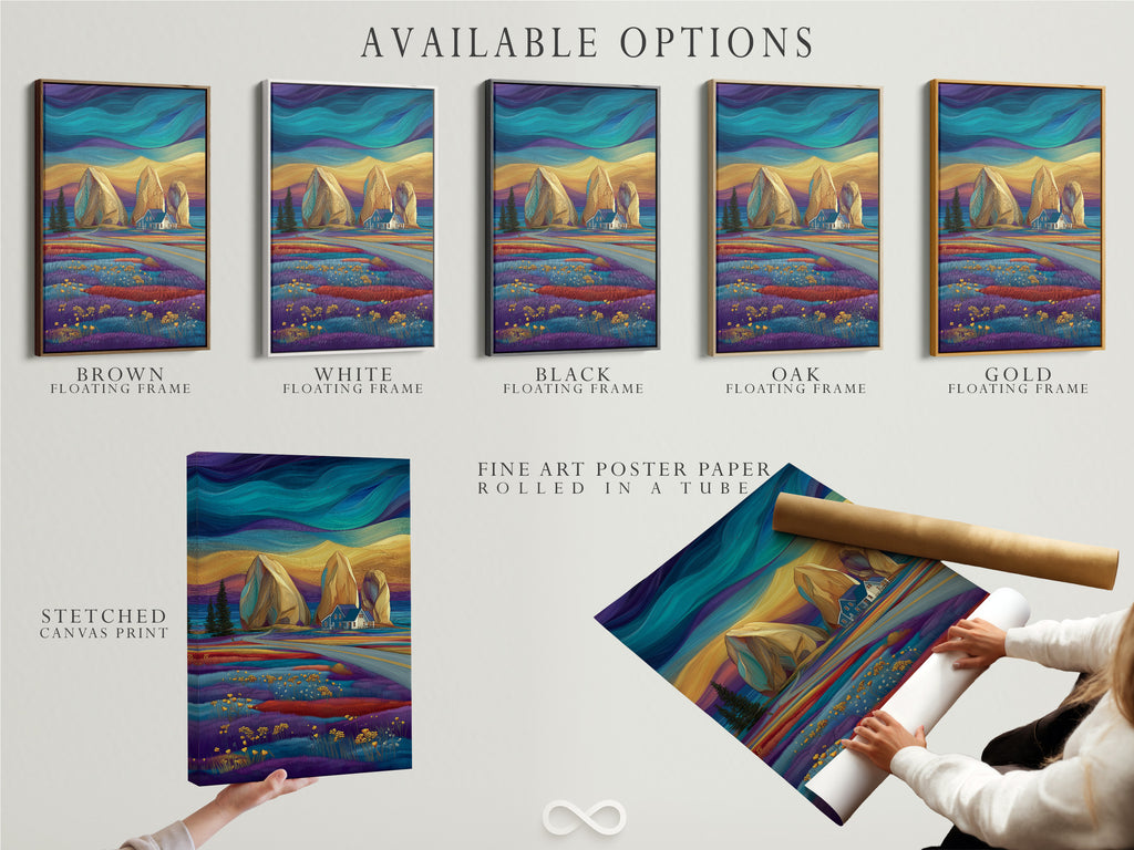 Available options for coastal landscape artwork displayed. Choose from stretched canvas prints fine art poster paper or floating frames. Perfect for modern coastal art. The teal and purple artwork enhances any space.