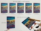 Available options for coastal landscape artwork displayed. Choose from stretched canvas prints fine art poster paper or floating frames. Perfect for modern coastal art. The teal and purple artwork enhances any space.