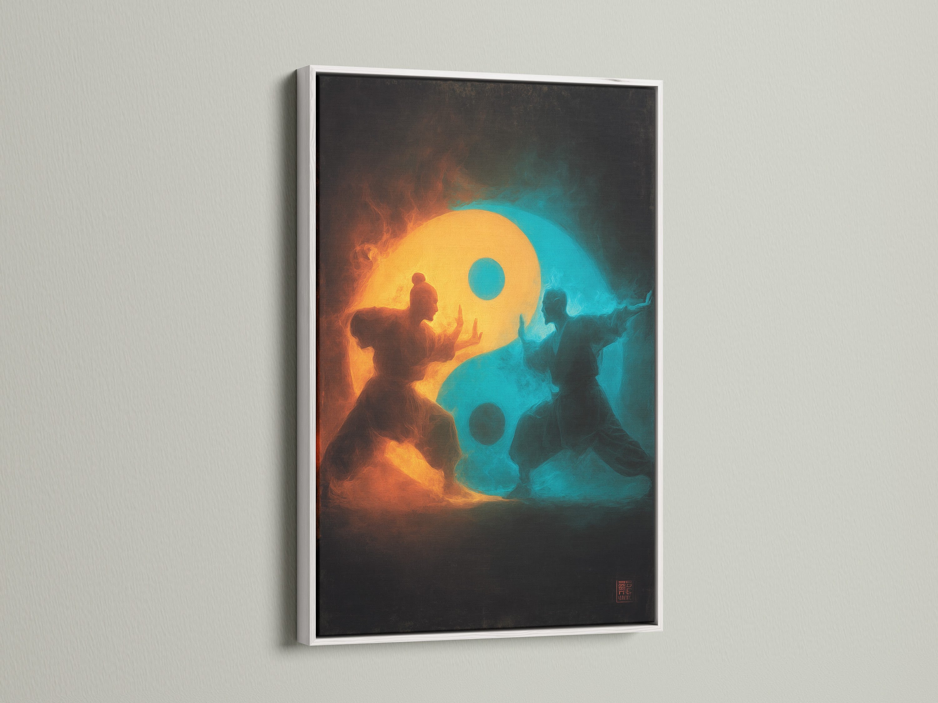 The artwork is displayed in a sleek white frame. The bright white color enhances the artwork. The art piece is mounted on a white wall. A clean and modern look is achieved with the white frame. Add a touch of elegance to your space.