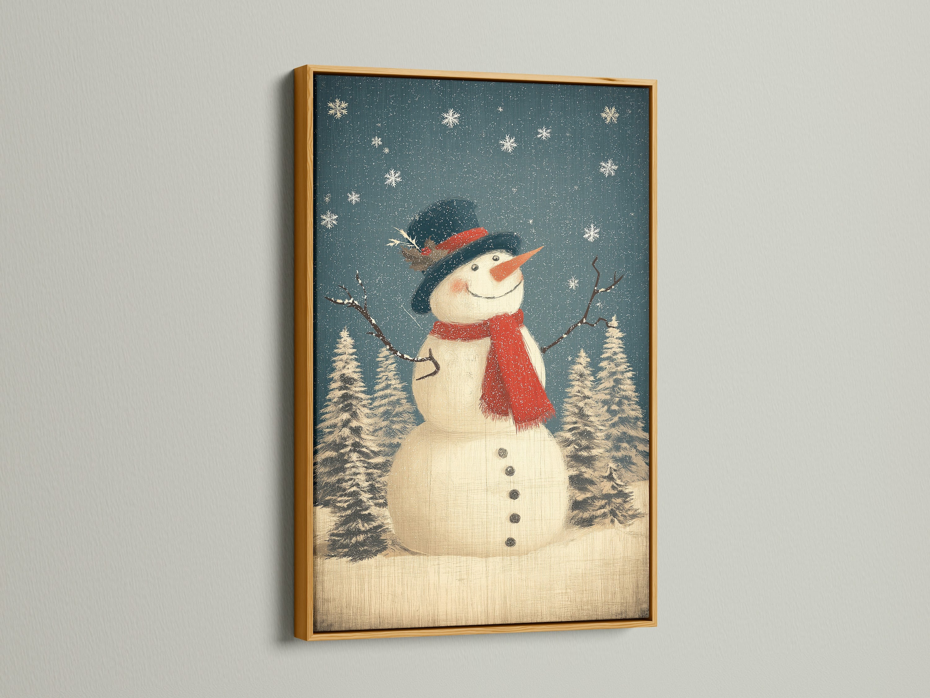 The gold frame adds elegance to this snowman art. This holiday canvas art is ideal. It's perfect for creating a cozy winter art display. This artwork enhances any Christmas prints collection.