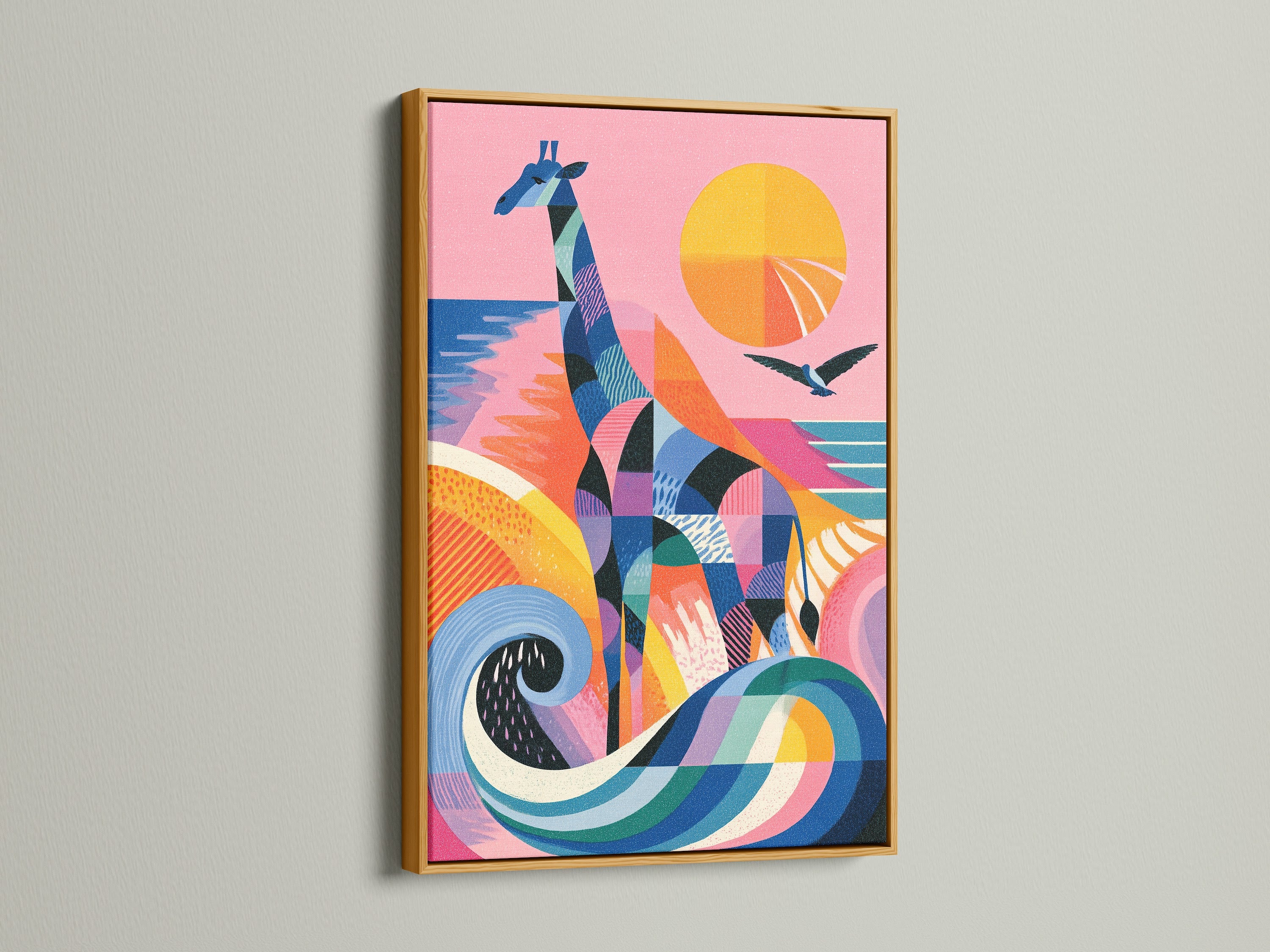 Artwork in a gold frame. The artwork is colorful. It features a giraffe a bird and a sunset. The gold frame adds a touch of luxury. This framed piece will enhance any room in your home.