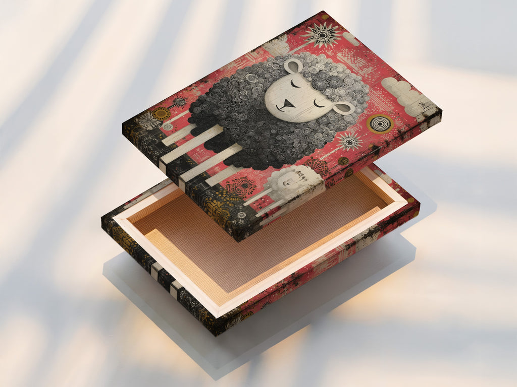 Stretched canvas print of a cute sheep artwork. The artwork features a black and white sheep. The sheep is set against a pink backdrop. Clouds and suns decorate the background. The stretched canvas offers a gallery-ready display.