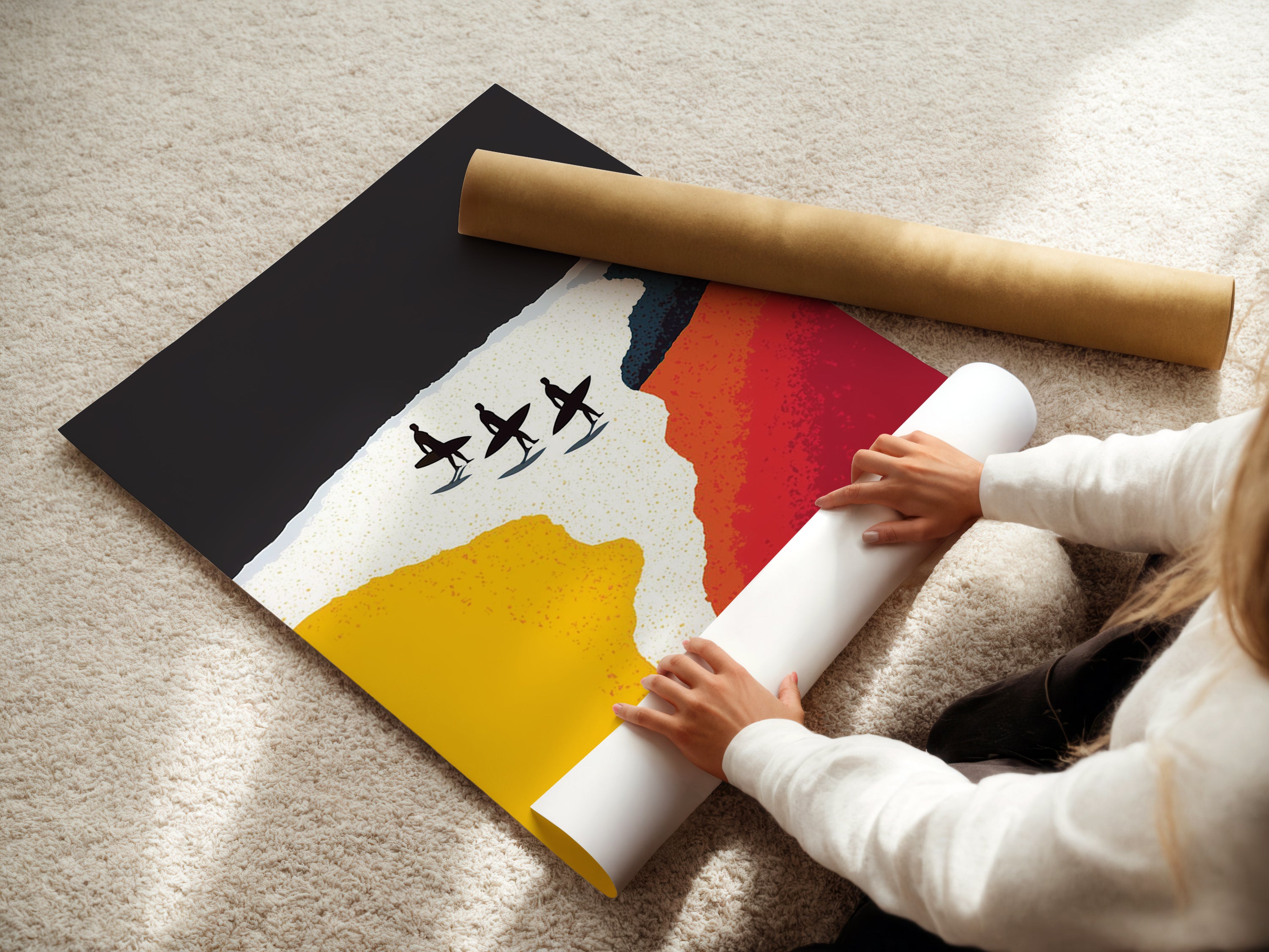 A woman is carefully rolling fine art poster paper. The art is ready for its new home. The fine art poster paper ensures high-quality prints. Perfect for detailed surf artwork. Get your wave art printed on premium poster paper. Explore fine art options.