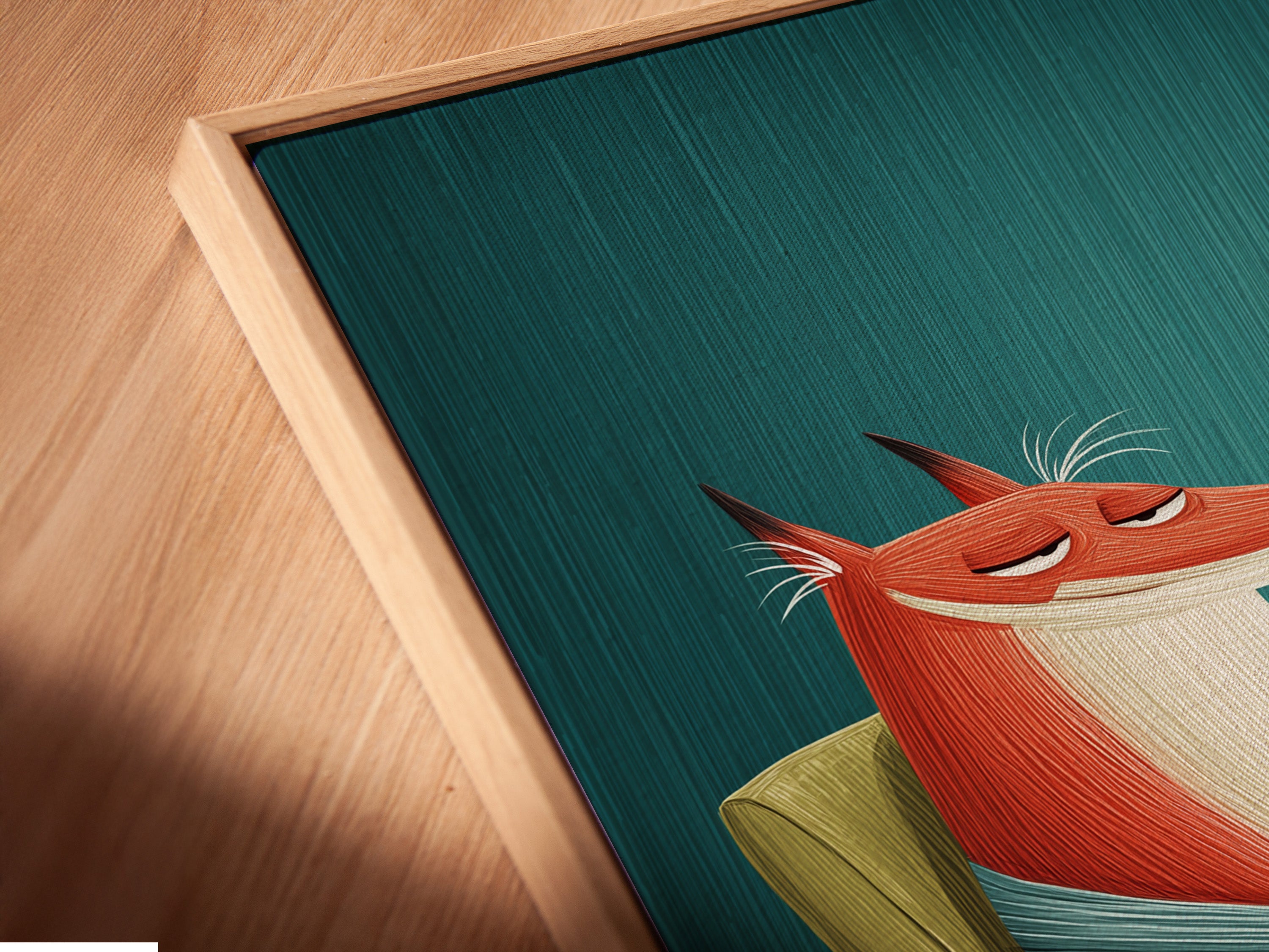 A close-up reveals a canvas print in a floating frame. The fox art looks refined. This mid-century modern artwork complements any setting. The sleek frame enhances the quirky wall art.