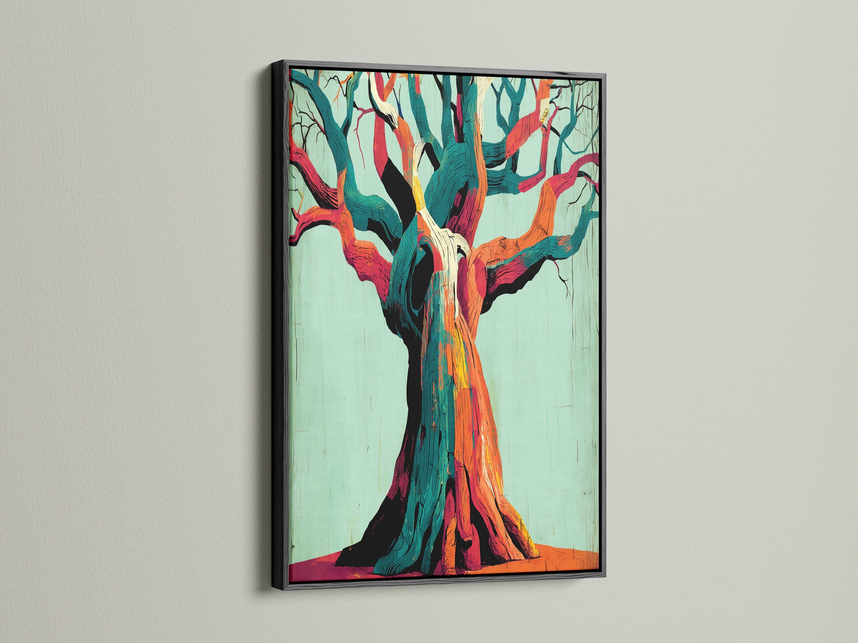 A stunning Abstract Tree Canvas Print with a black frame. The colorful artwork pops against the dark frame. This piece enhances bedroom wall decor and creative workspaces. It blends modern with nature.