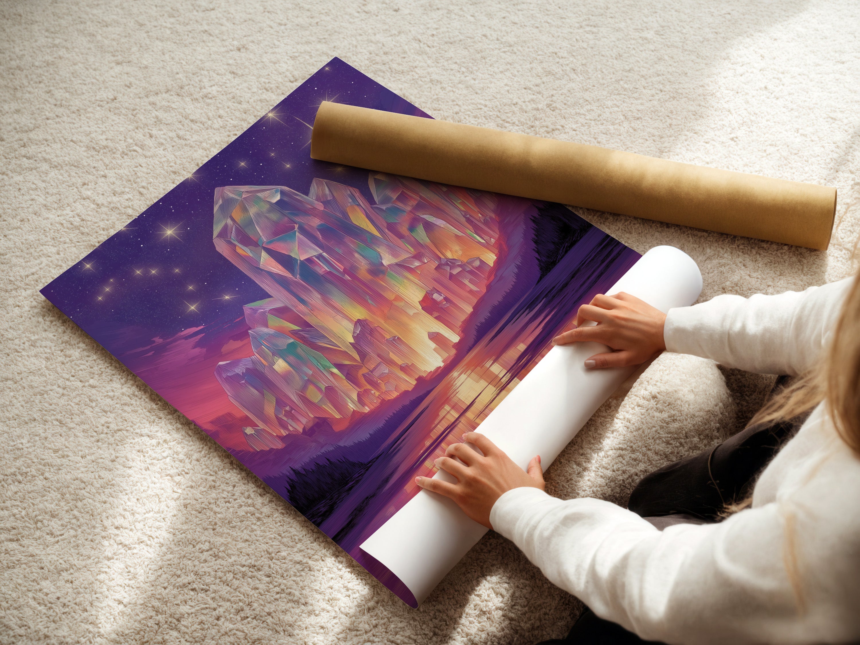 A woman is carefully rolling a fine art poster paper. This Crystal Fantasy Art Print is ready to be framed. The mystical purple landscape is perfect for any space. Get your surreal artwork today in various sizes.