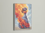 Flamenco dancer artwork in a white frame. This Spanish dress canvas art brings cultural richness. The orange and teal decor is ideal for studio wall art. Add a touch of elegance with this bohemian artwork.