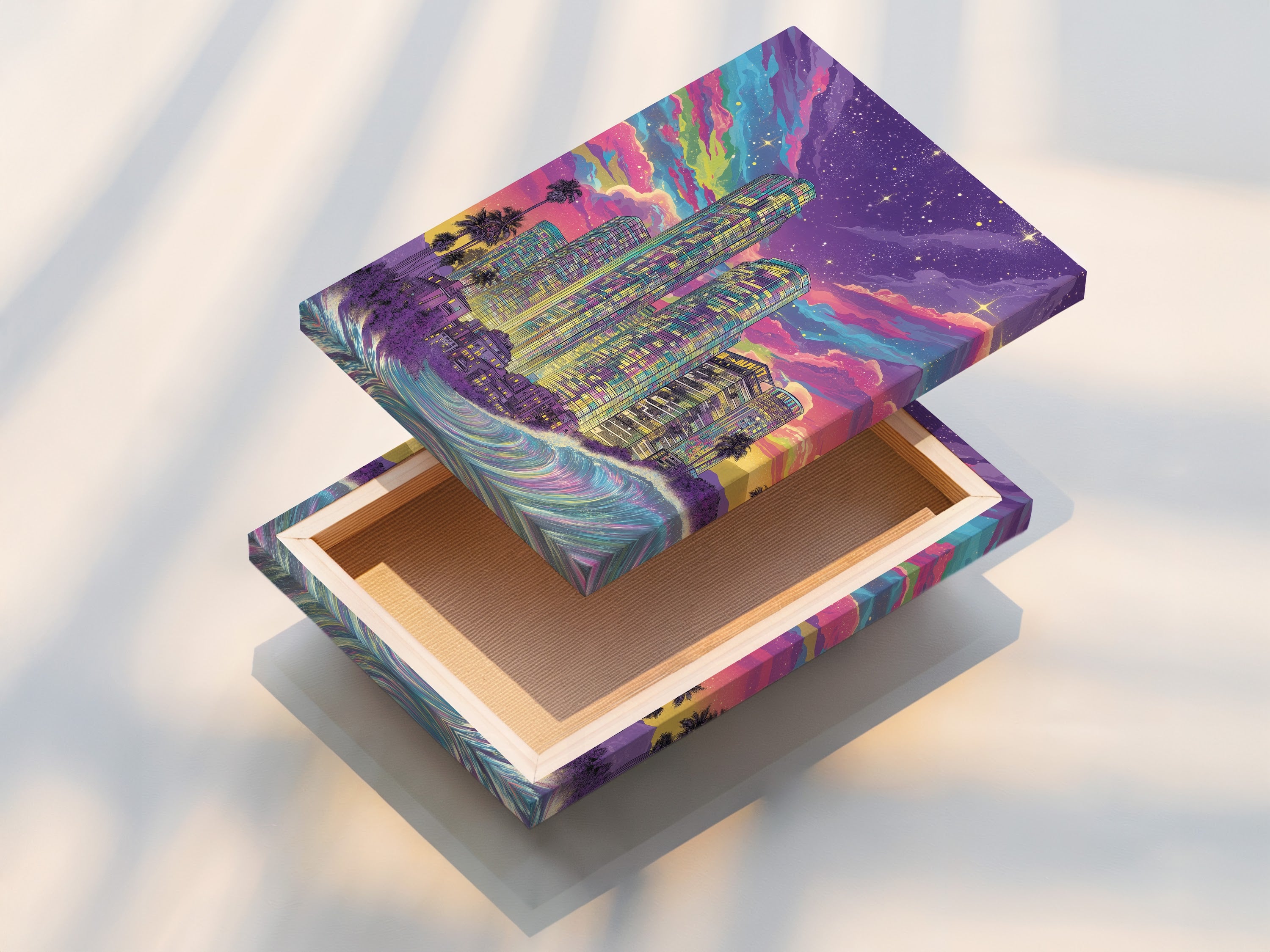 This is a stretched canvas print of a synthwave cityscape. The neon wall art features a purple skyline. It is a retro futuristic ocean wave art piece. Perfect for standout contemporary wall decor. Great for eclectic styles.